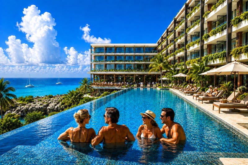 Two residents at the pool above the Caribbean