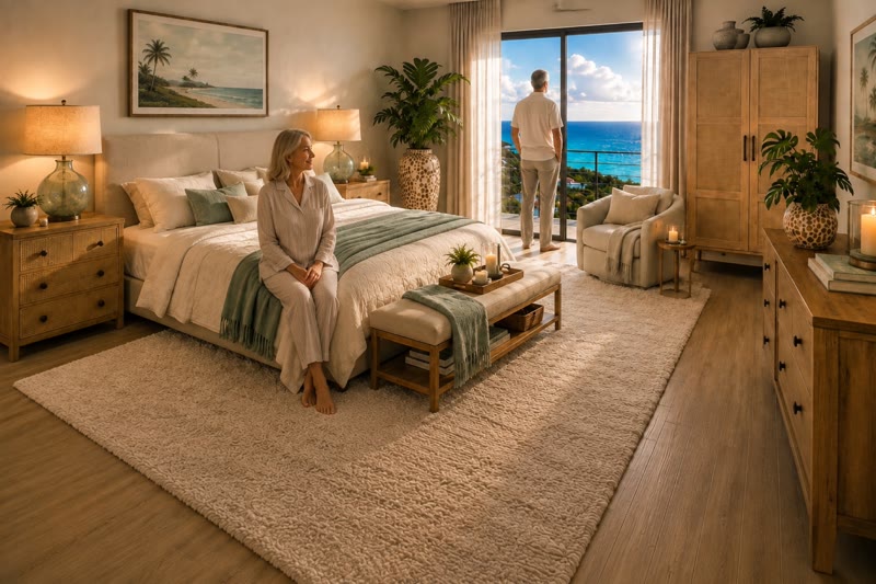 Un dormitorio abierto que da a una terraza con vistas al Caribe